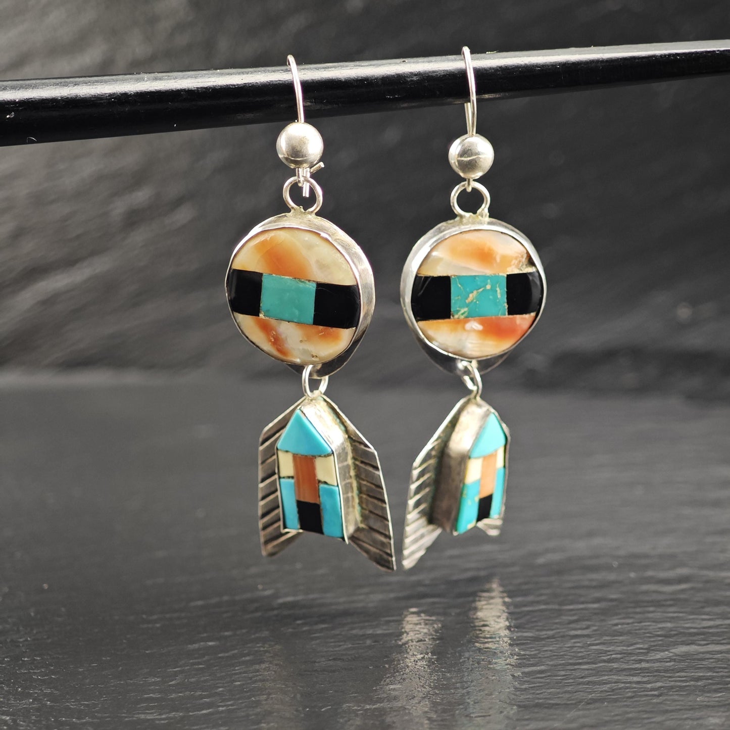 Vintage SW Style Inlay Arrowhead Kidney Wire Sterling Silver Earrings ER3198