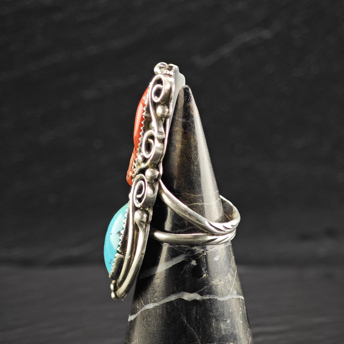 Native American Large Turquoise Coral Sterling Silver Ring Sz 8 1/2 R6870