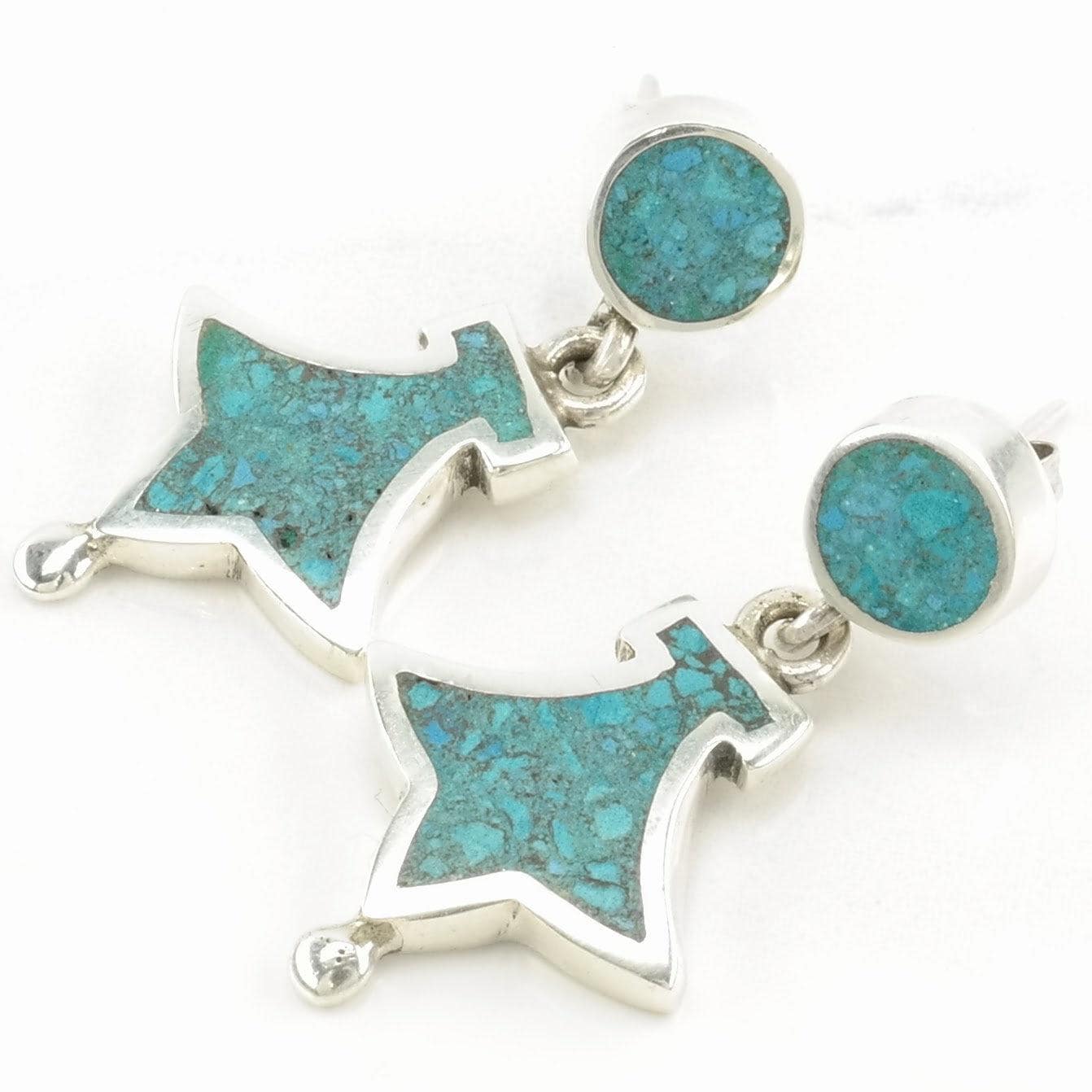 Vintage Sterling Silver Stud, Dangle Earrings Taxco Blue Turquoise Inlay