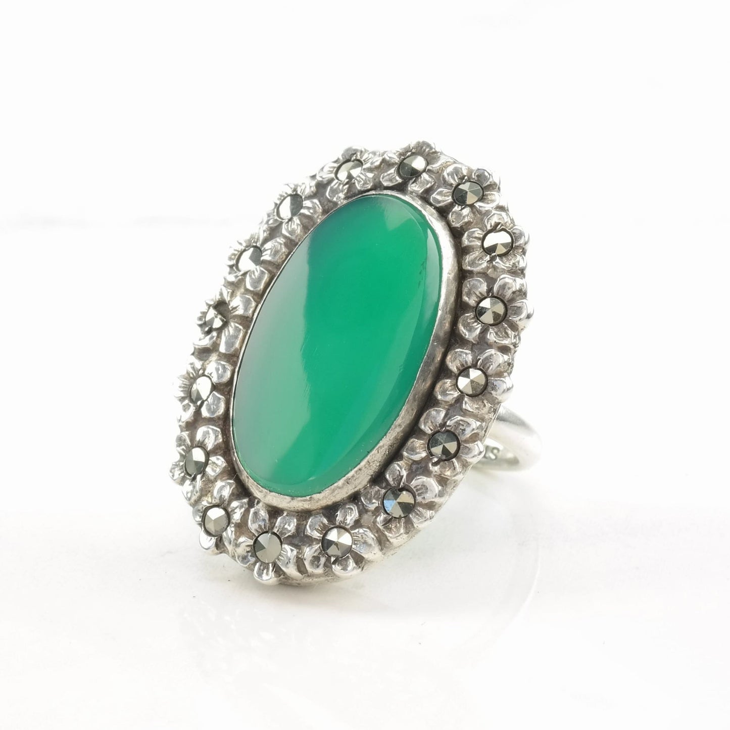 Sterling Silver Ring Chrysoprase Floral Green Size 2 3/4