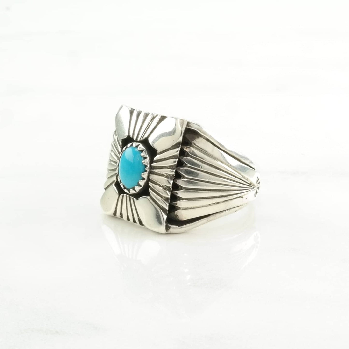 Native American Silver Ring Turquoise Stamped, Shield Sterling Blue Size 11 1/