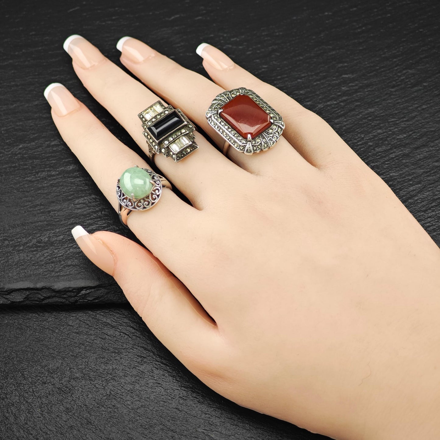 Art Deco Style Carnelian Marcasite Ring Sterling Silver Sz 6 R6253