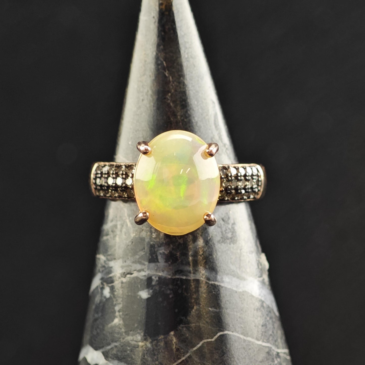 Natural Opal Brown Diamond Rose Gold Sterling Silver Ring Sz 5 R6575