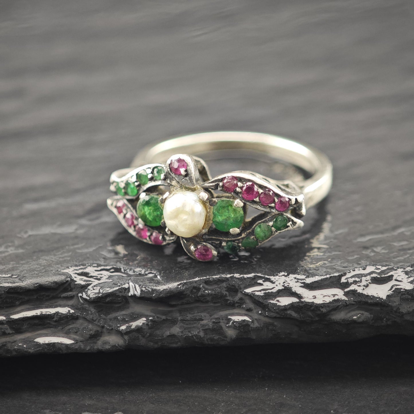 Antique Victorian Emerald Ruby Natural Pearl Ring Sterling Silver Size 6 3/4