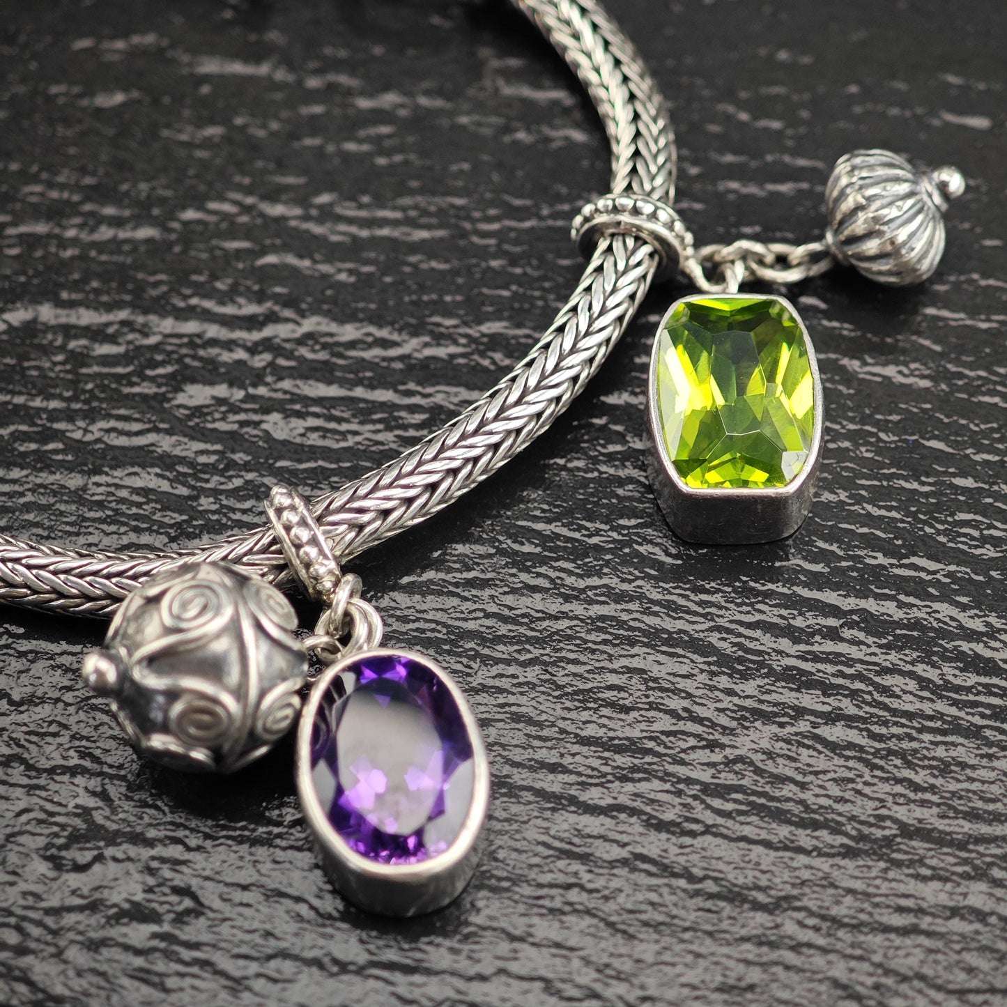 Vintage Topaz, Amethyst, Pearl, Charm Bracelet Sterling Silver