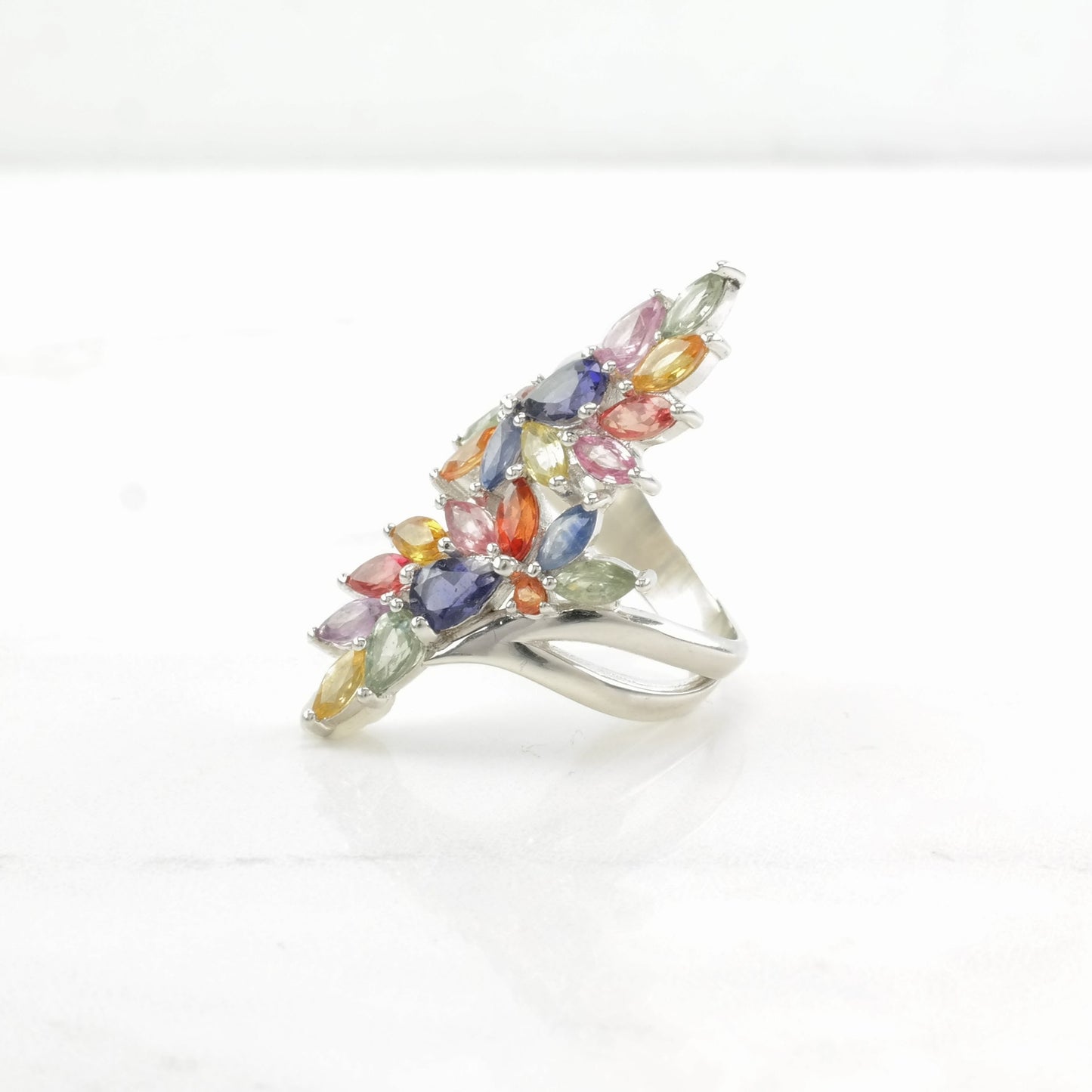 Sterling Silver Ring Rainbow Sapphire, Tanzanite Cocktail Multi Color Size 7