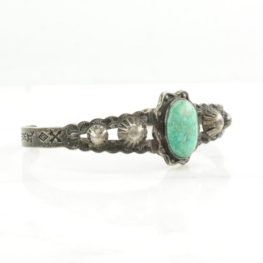 Fred Harvey Era Sterling Silver Cuff Bracelet Green Turquoise Stamped