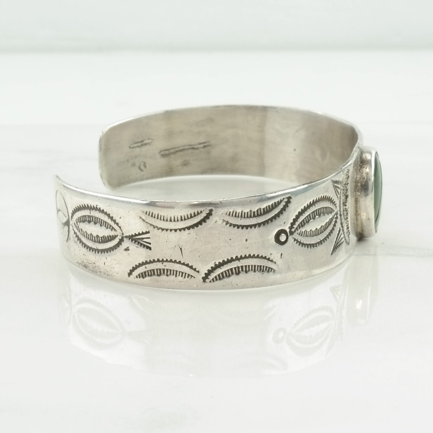 Early, Native American Sterling Silver Cuff Bracelet Olive Green Turquoise Stamped