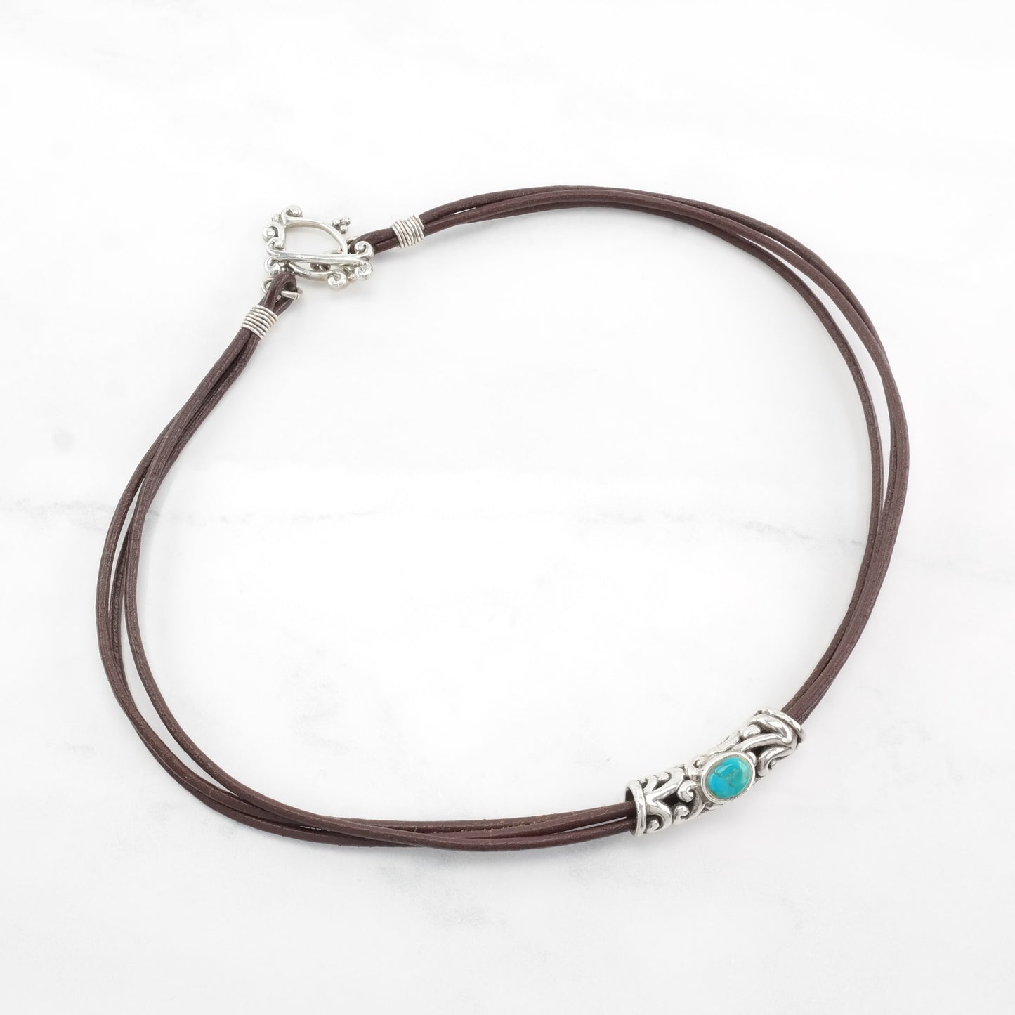 Sterling Silver Brown, Blue Turquoise 3 Strand Leather Necklace