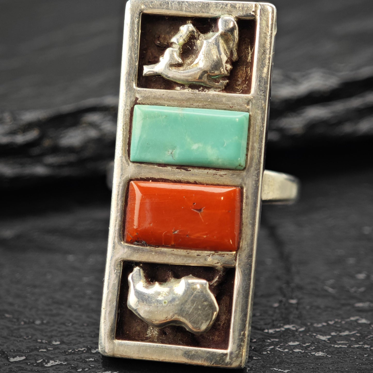 Zuni, Native American Turquoise, Coral Inlay Ring Sterling Silver Sz 6
