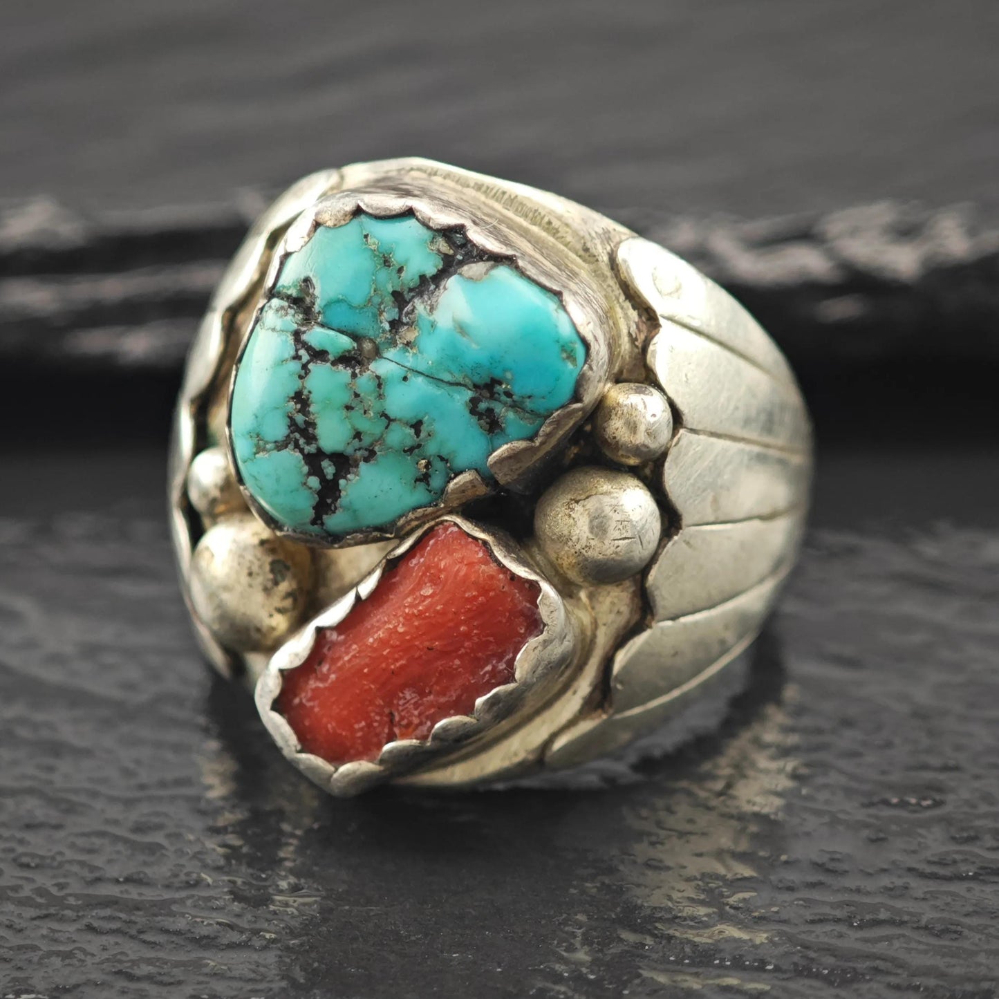 Native American Turquoise, Coral Ring Sterling Silver Size 9 3/4