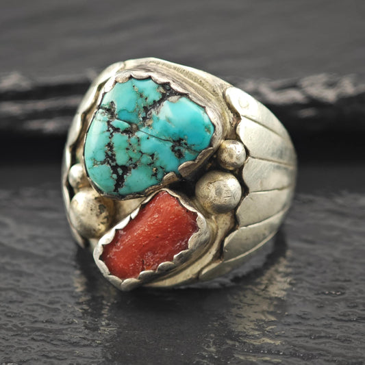 Native American Turquoise, Coral Ring Sterling Silver Size 9 3/4