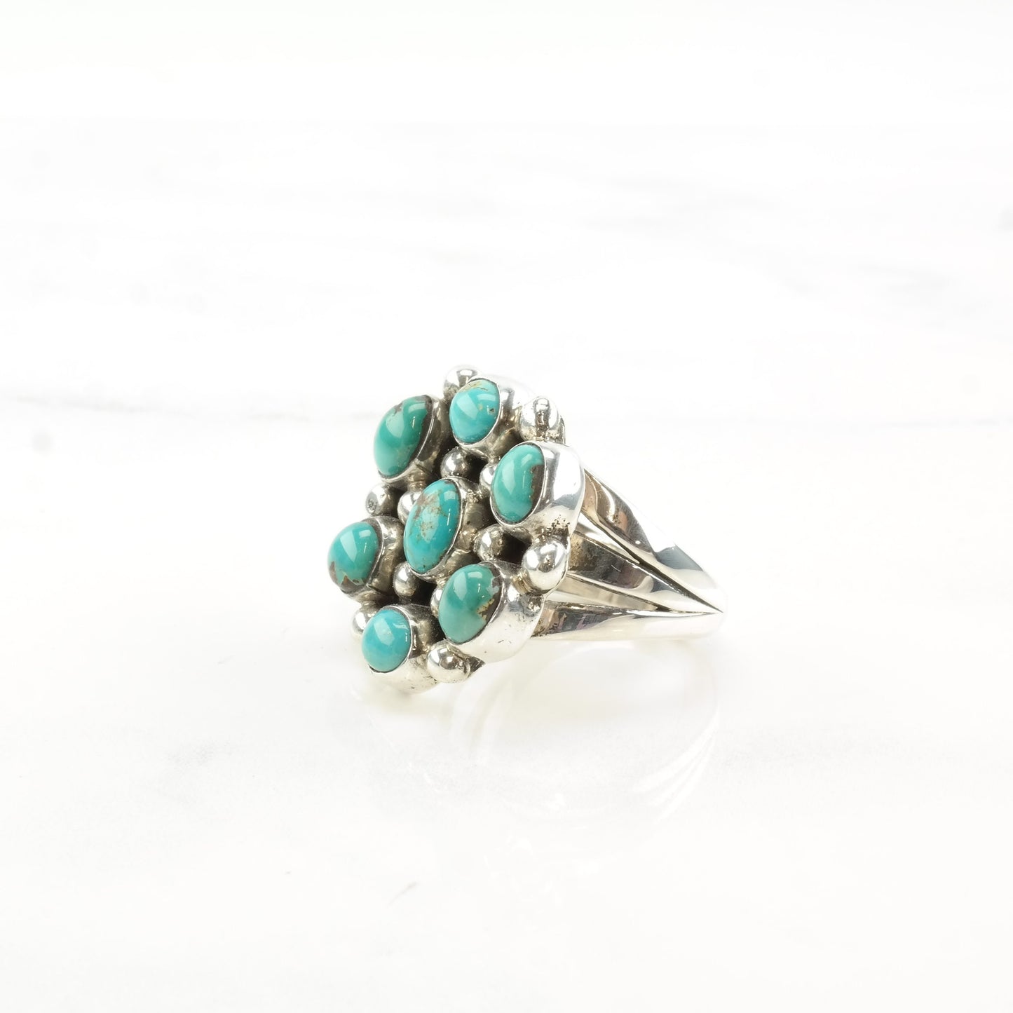 Zuni Silver Ring Turquoise Flower Cluster Sterling Size 6 1/4