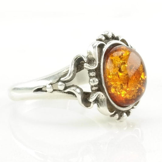 Vintage Sterling Silver Ring Amber Orange Size 6 3/4