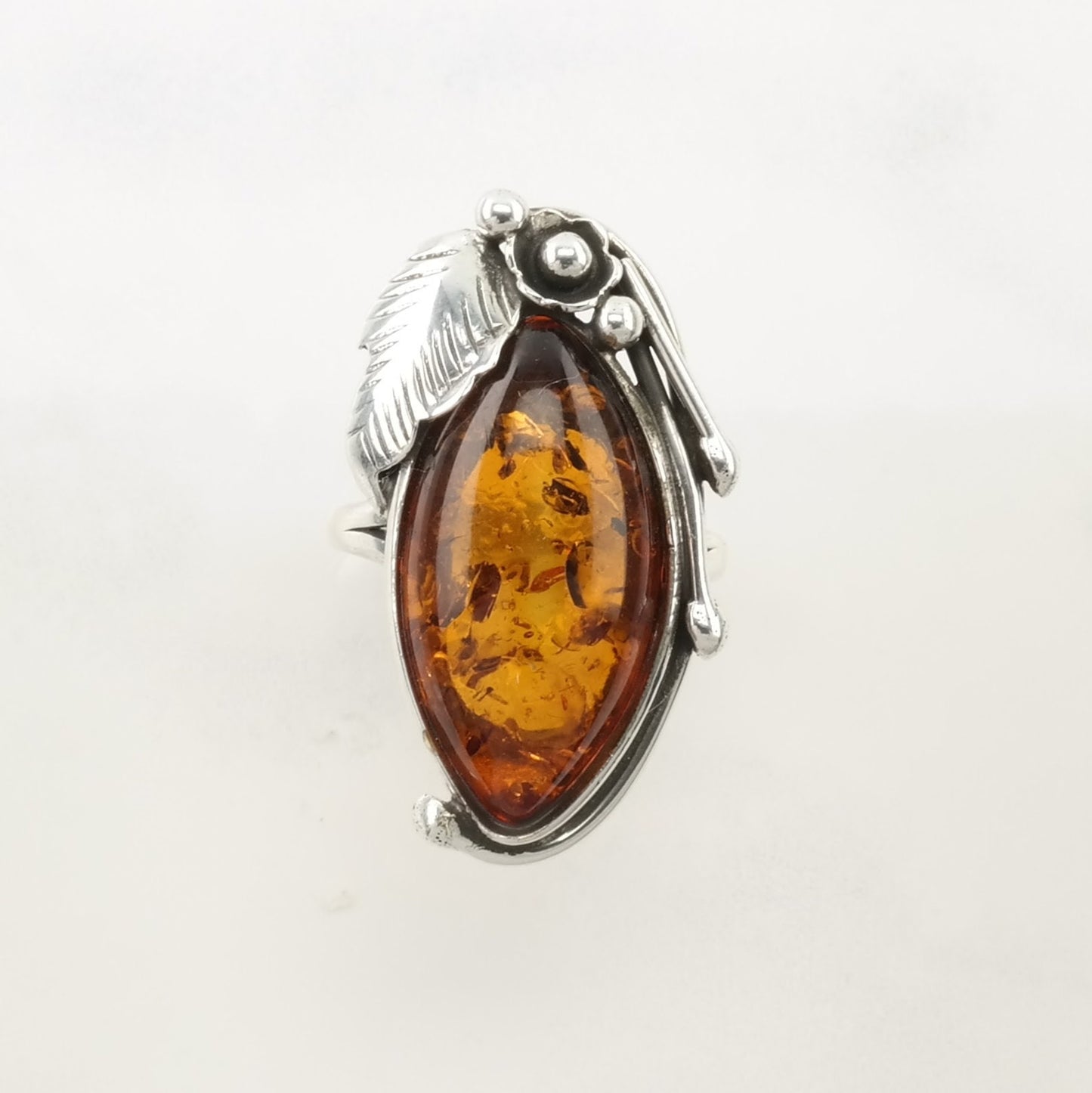 Art Nouveau Style Silver Ring Amber Floral Sterling Orange Size 9