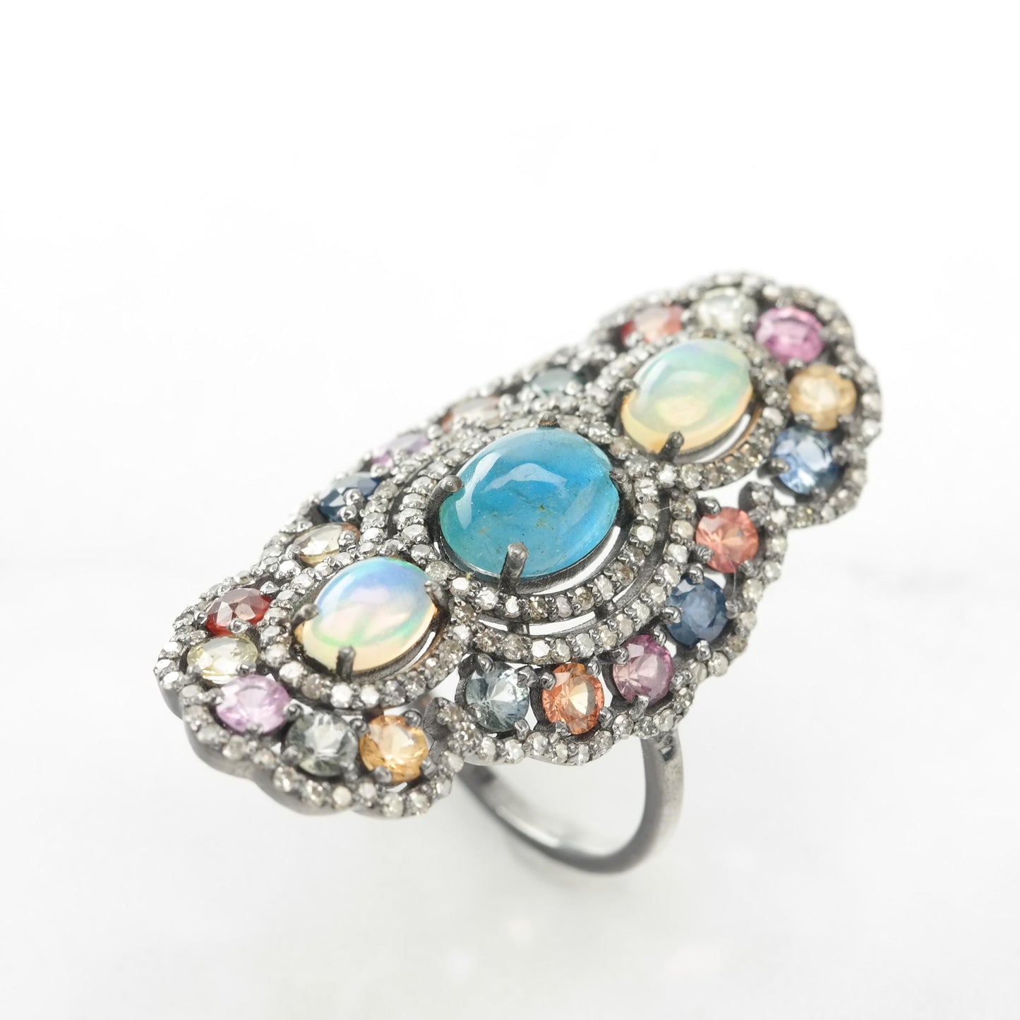 Vintage Oxidized Silver Ring Diamond Opal Aquamarine Sapphire Sterling Size 6 1/2