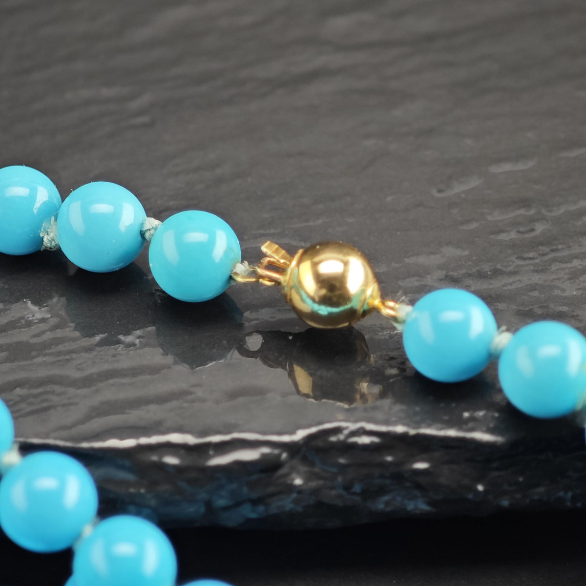 6mm Blue Turquoise 14K Gold Clasp Beaded Necklace N2782