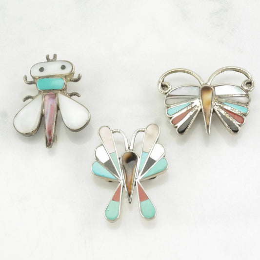 Choice of Vintage Zuni Sterling Silver Brooch Dragonfly, Butterfly, Inlay MOP, Abalone, Turquoise, Coral