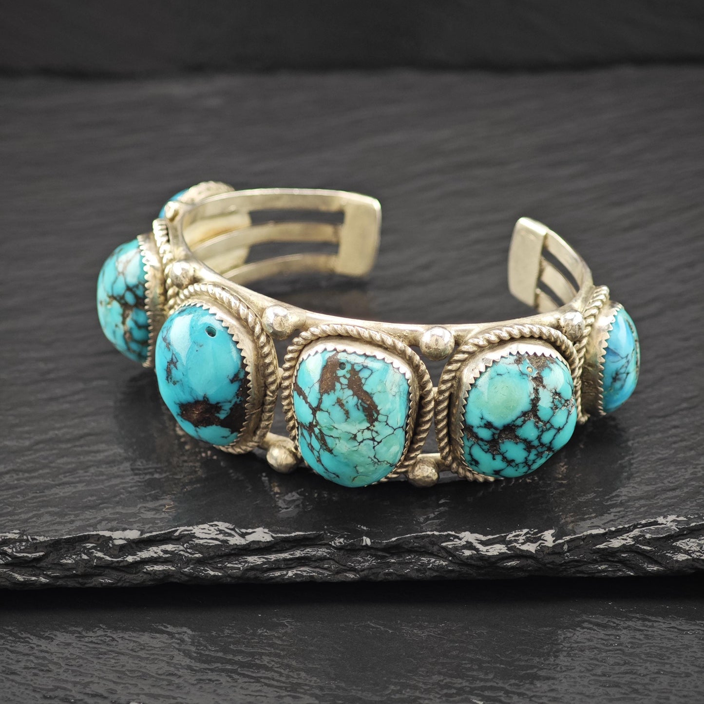 Vintage SW Six Spiderweb Turquoise Row Cuff Bracelet Sterling Silver Sz 6 1/2"