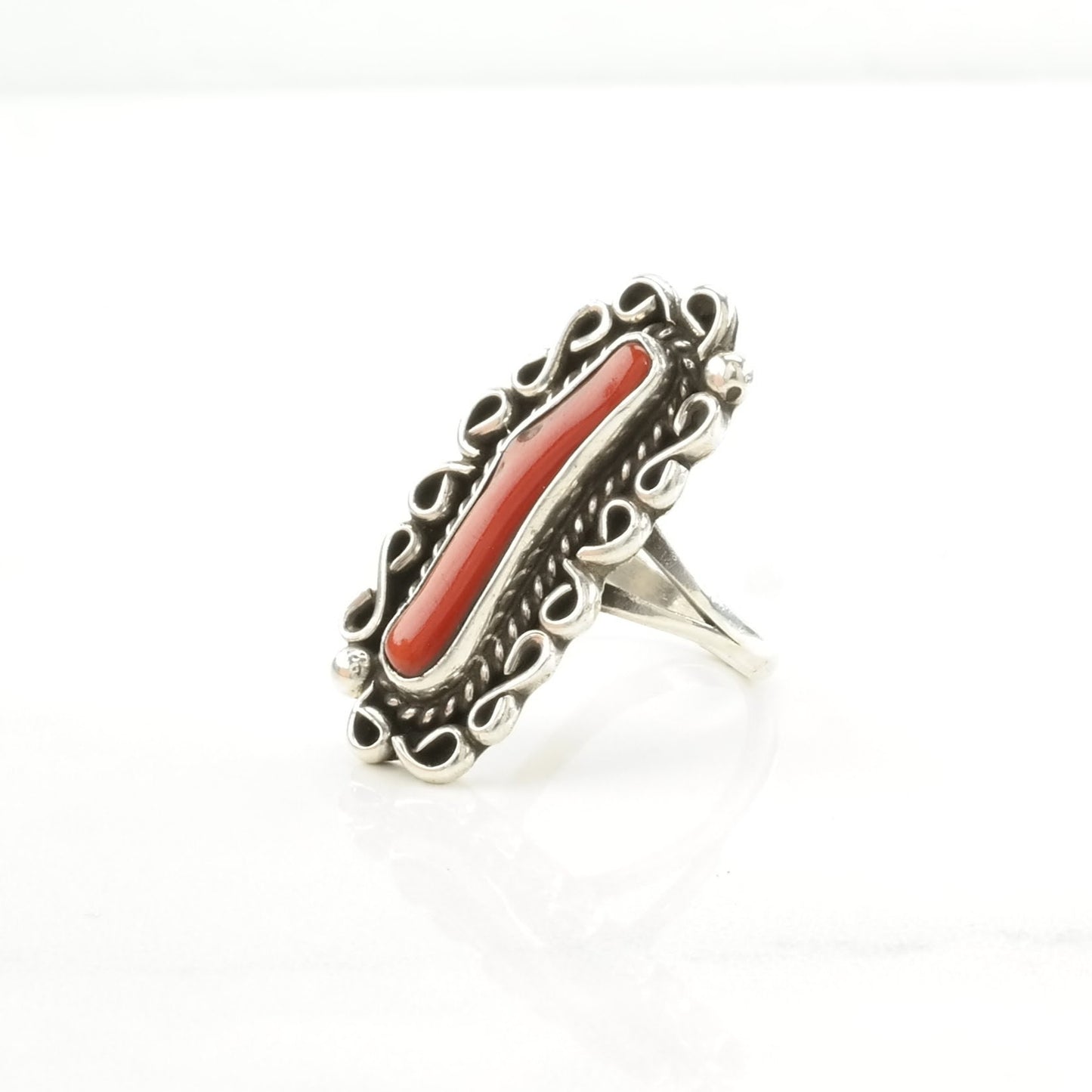 Native American Silver Ring Coral Navette Sterling Red Size 7 3/4