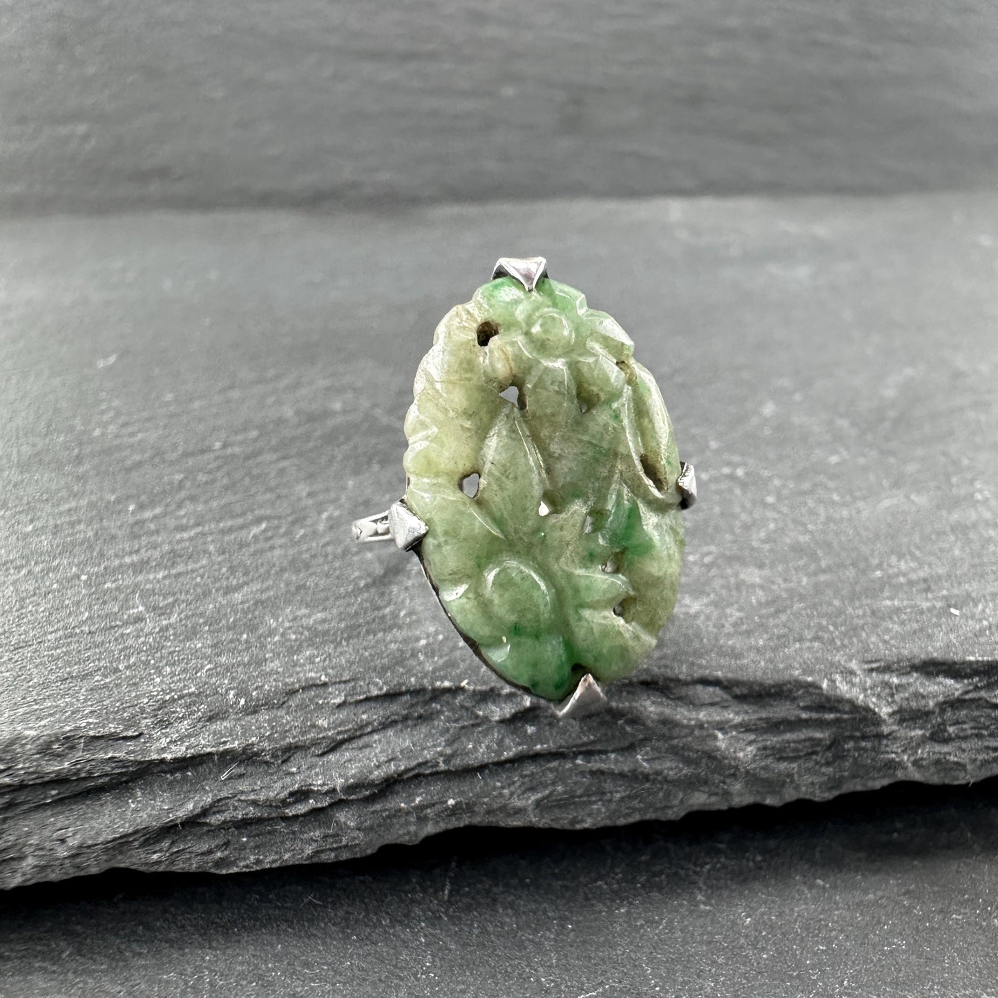 Carved Green Jadeite Jade, Floral Ring Sterling Silver