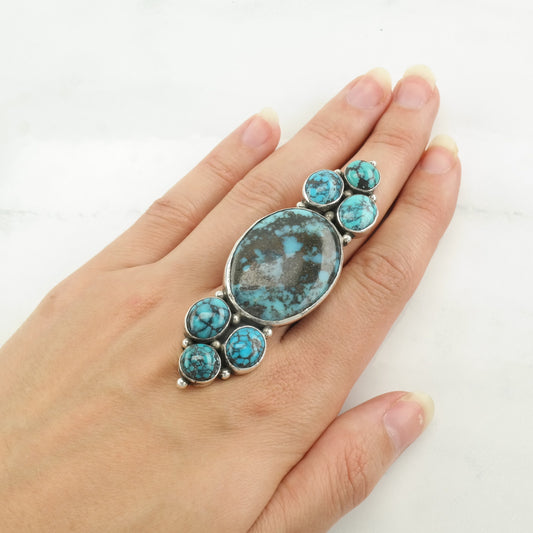 Native American Silver Ring Spiderweb Turquoise Long Sterling Size 7 1/2