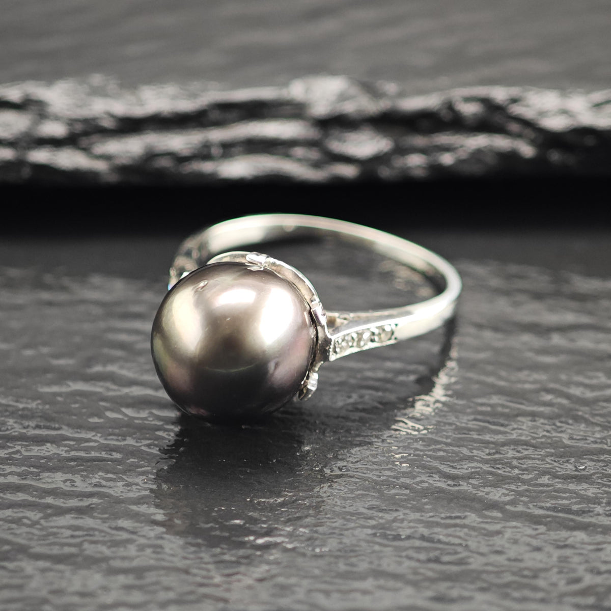 Diamond & 11mm Tahitian Pearl Platinum Ring Sz 7 1/2 R6760