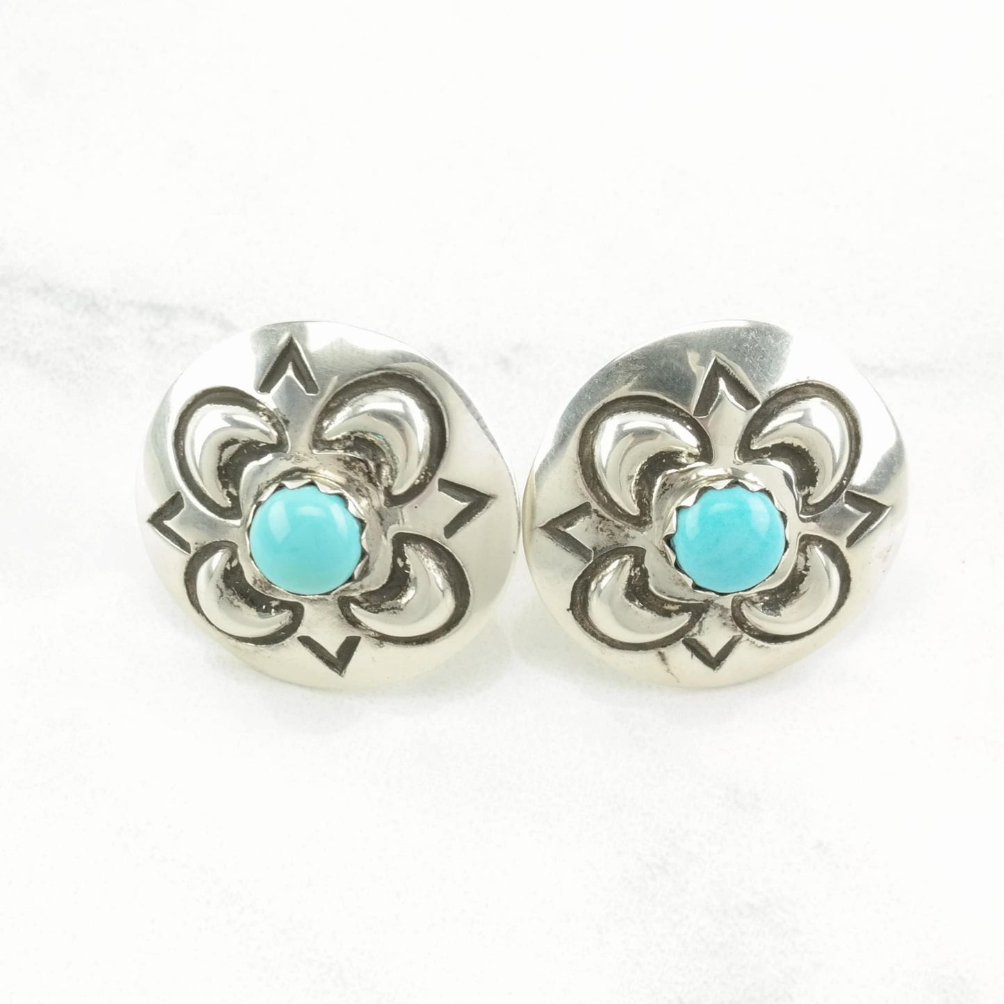 Native American Sterling Silver Turquoise Stamped Earrings Stud