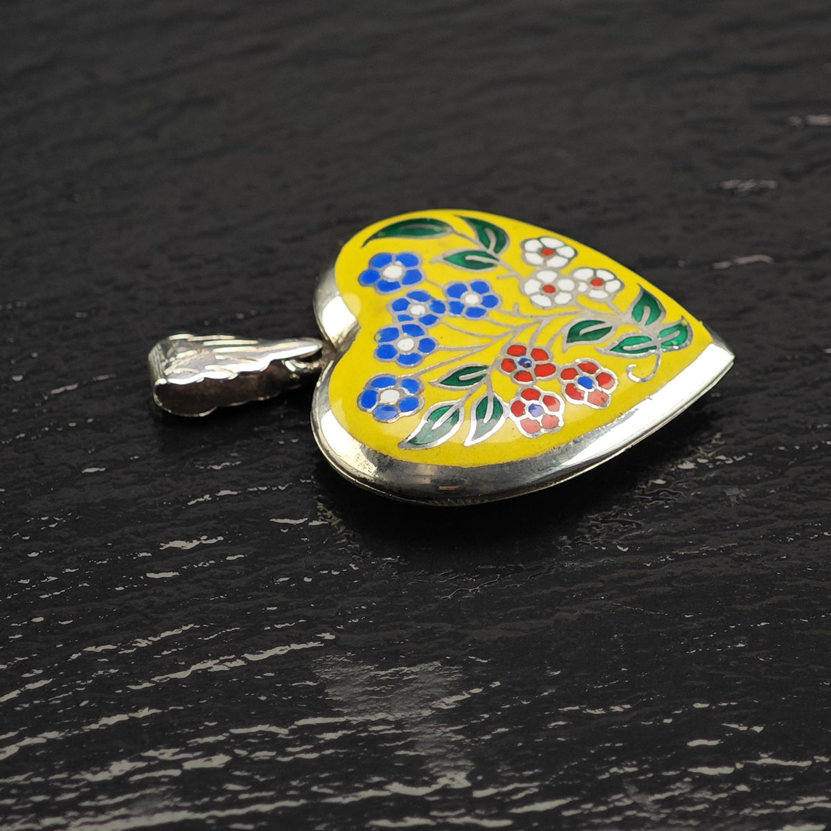 Enamel Heart Floral Locket Sterling Silver Pendant P3159