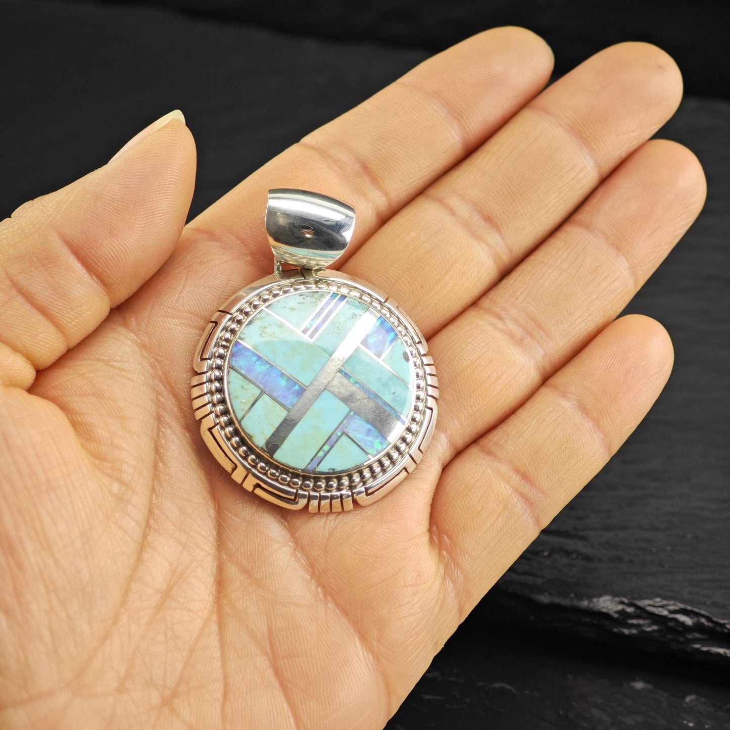 Large Turquoise, Opal Inlay Sterling Silver Pendant P3043