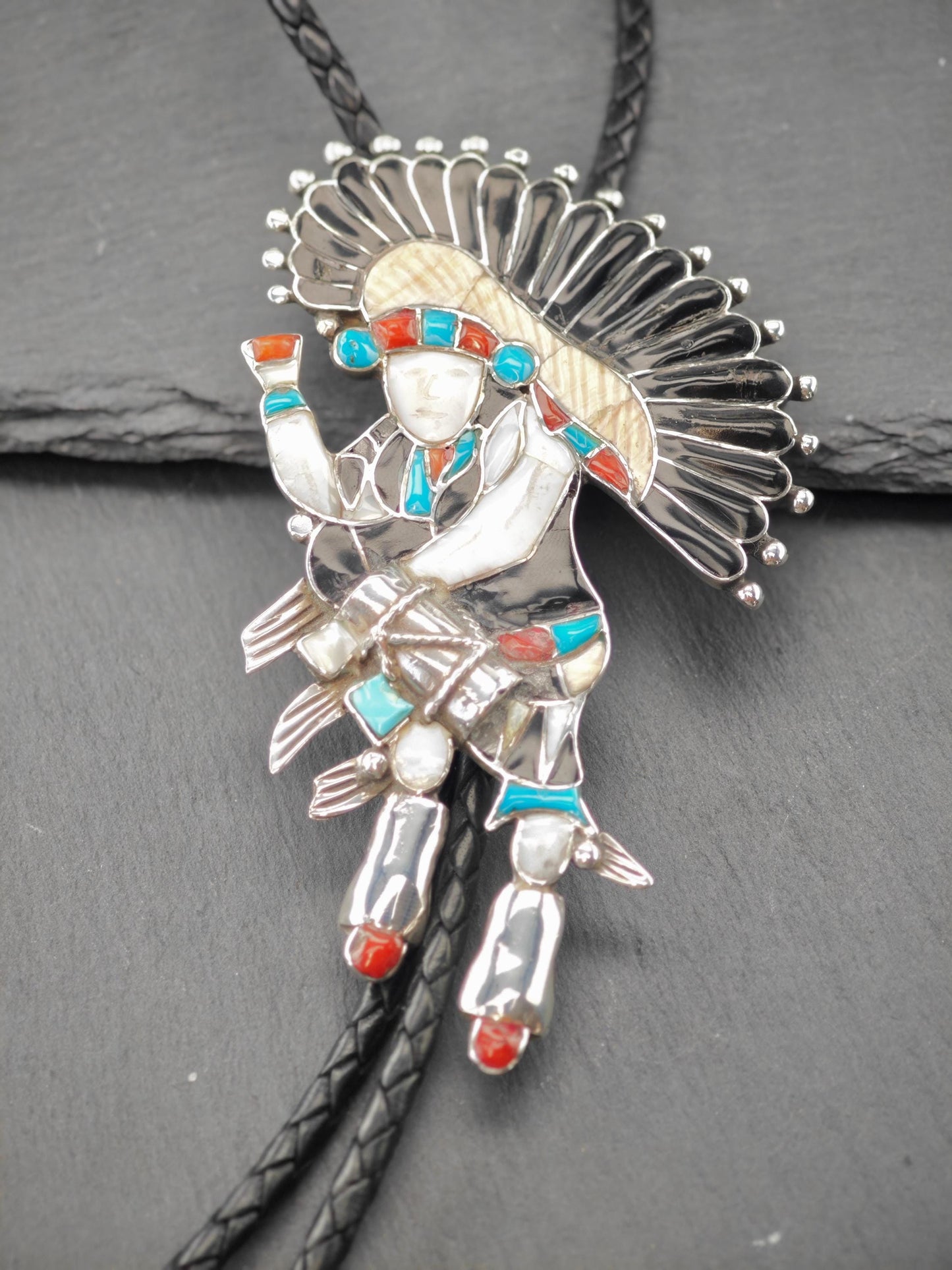 Sw Sterling Silver Inlay Drum Dancer, Kachina Bolo Tie Necklace N2429