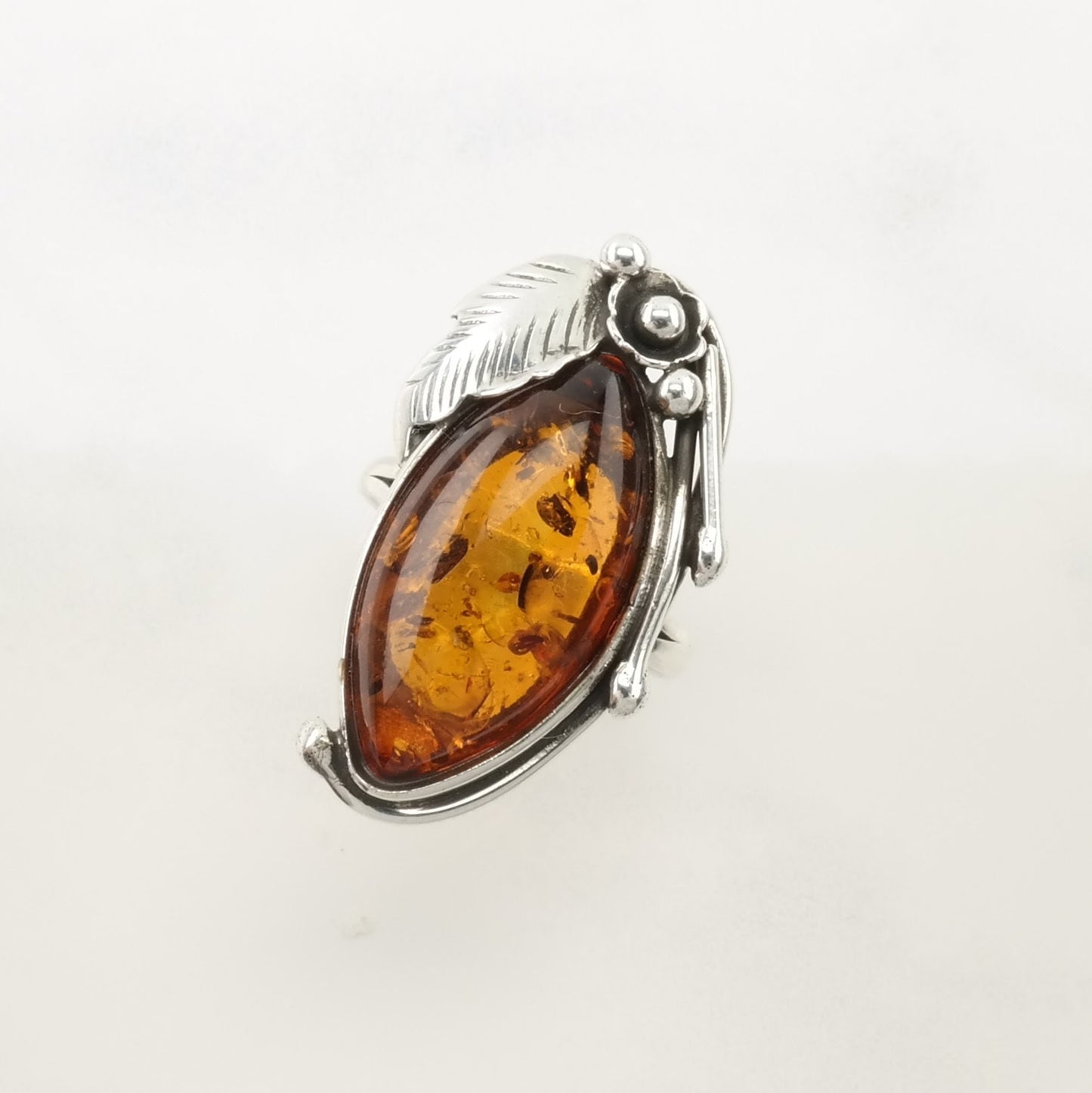 Art Nouveau Style Silver Ring Amber Floral Sterling Orange Size 9