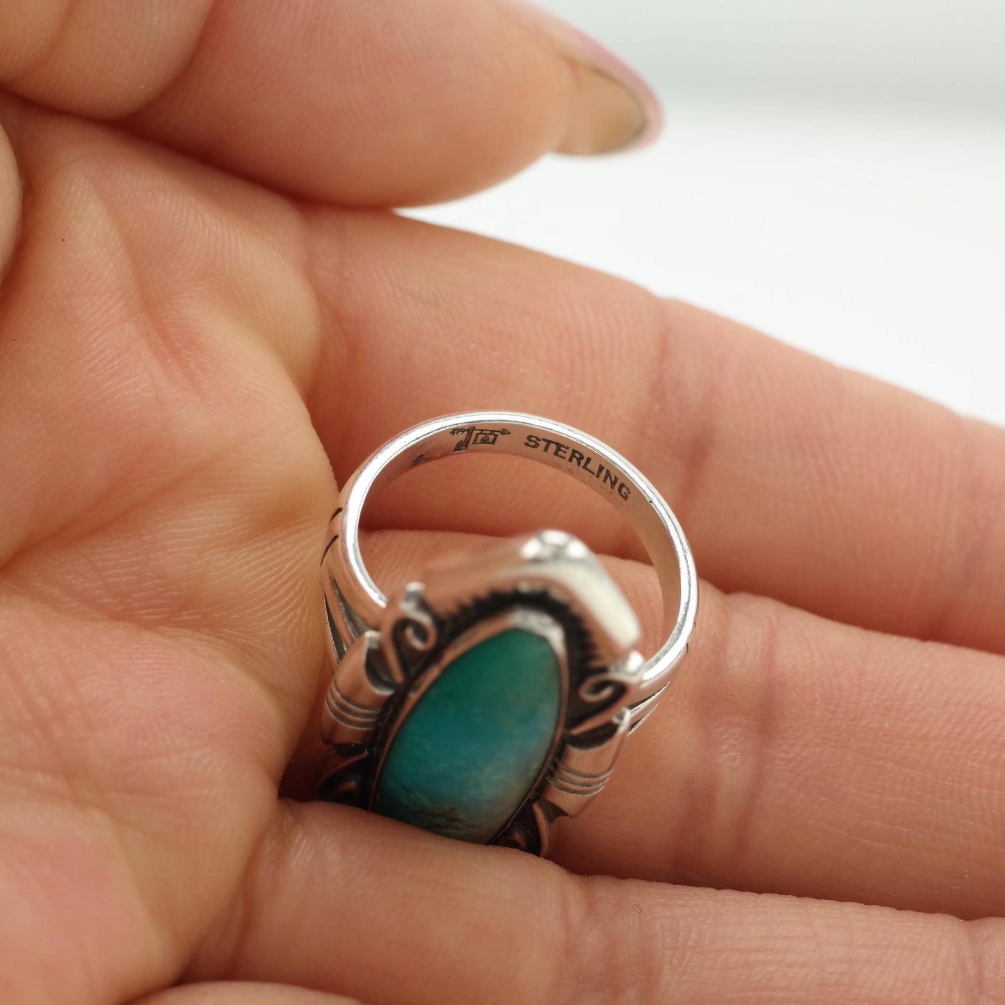 Long Navette Turquoise Sterling Silver Ring Size 6 1/2 Bell Trading Post