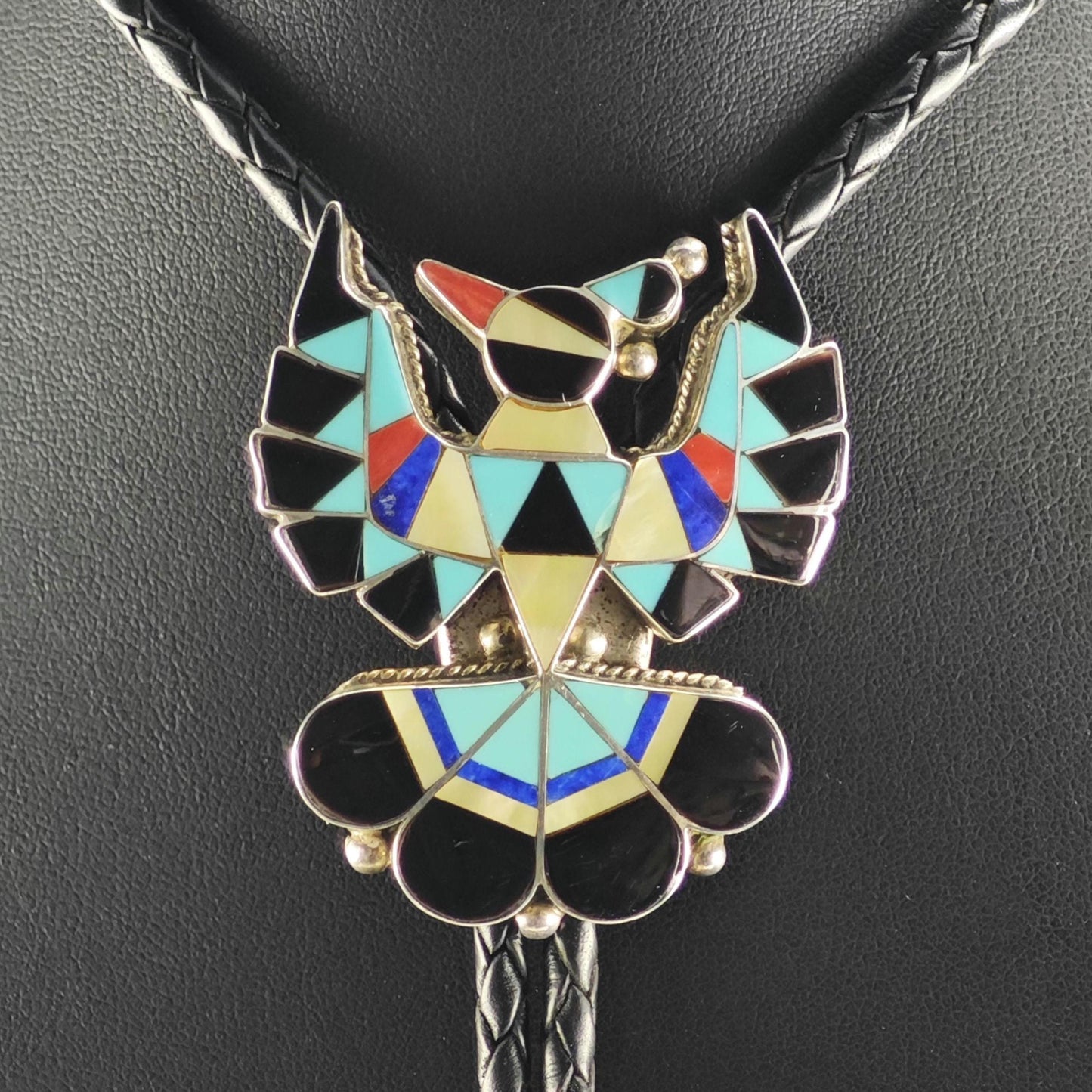 Vintage Native American Sterling Silver, Inlay Thunderbird Bolo Tie Necklace N2744