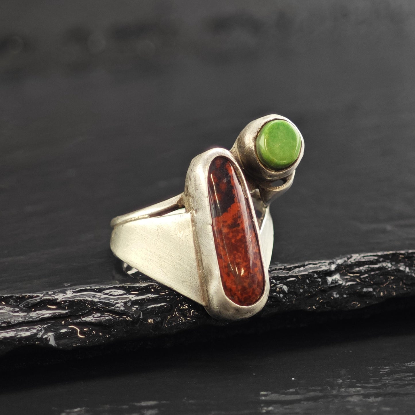 Modernist Brown Gemstone & Turquoise Sterling Silver Ring Sz 5 1/2 R6605