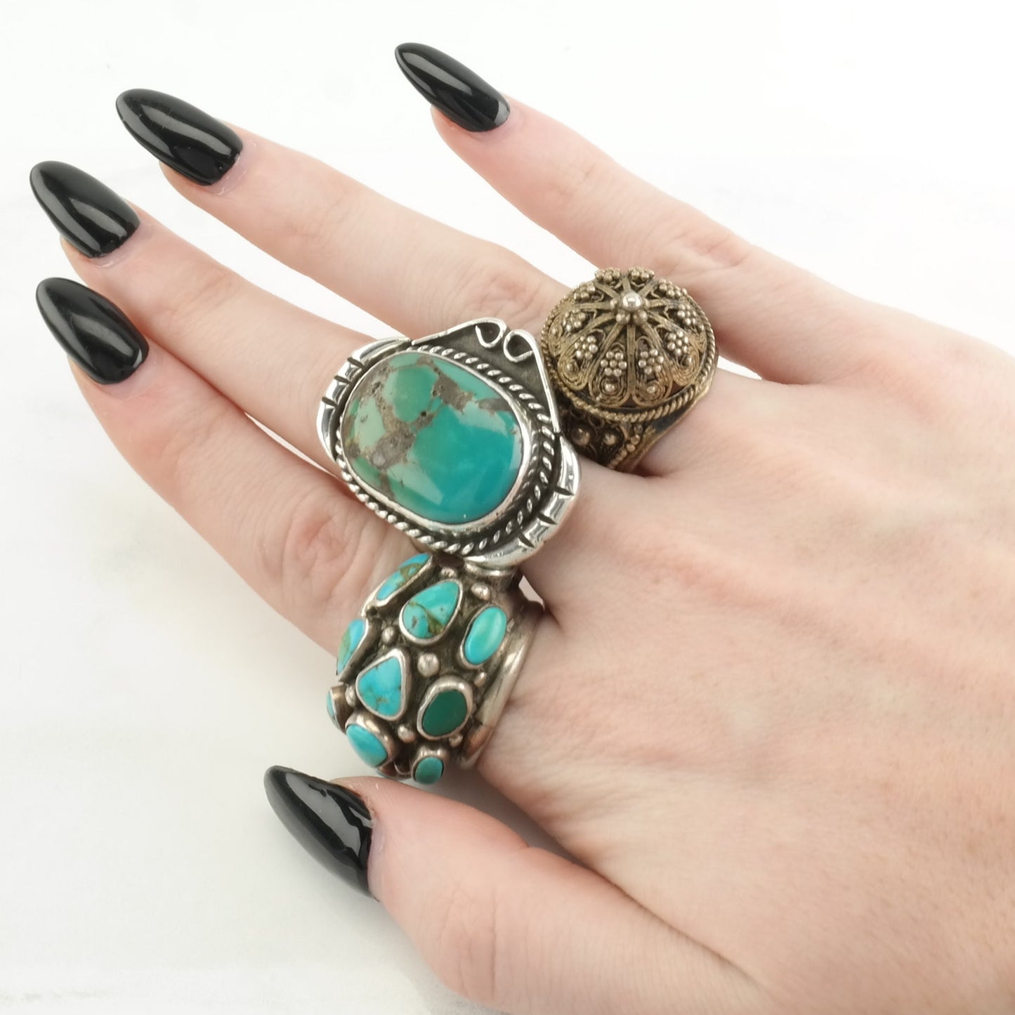 Native American Silver Ring Turquoise Cluster, Dome Sterling Blue Size 7 1/4