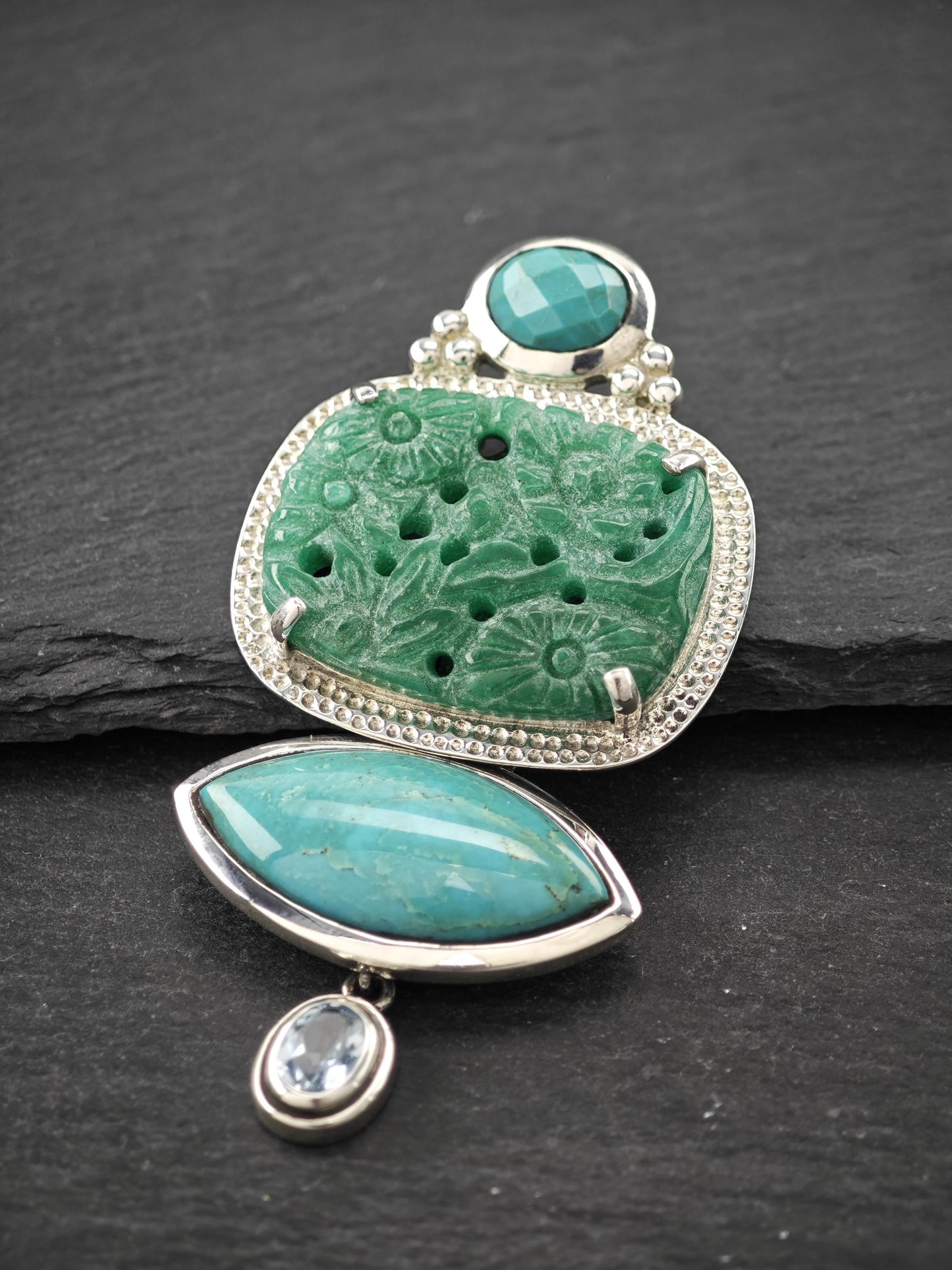 AKR Pendant Turquoise Carved Jade Quartzite Brooch Sterling Silver