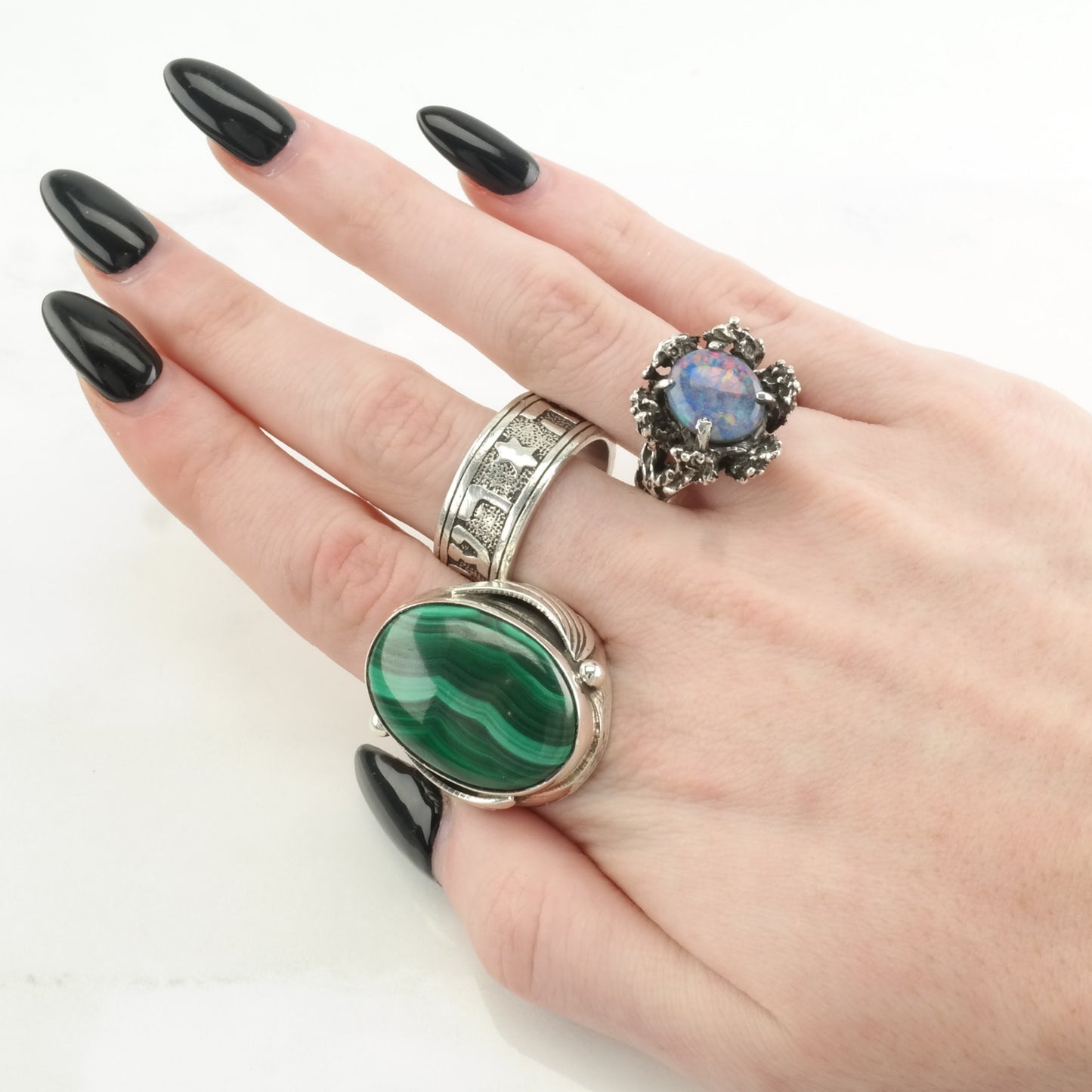 Large Silver Ring Malachite Leaf Sterling Green Size 9 1/2