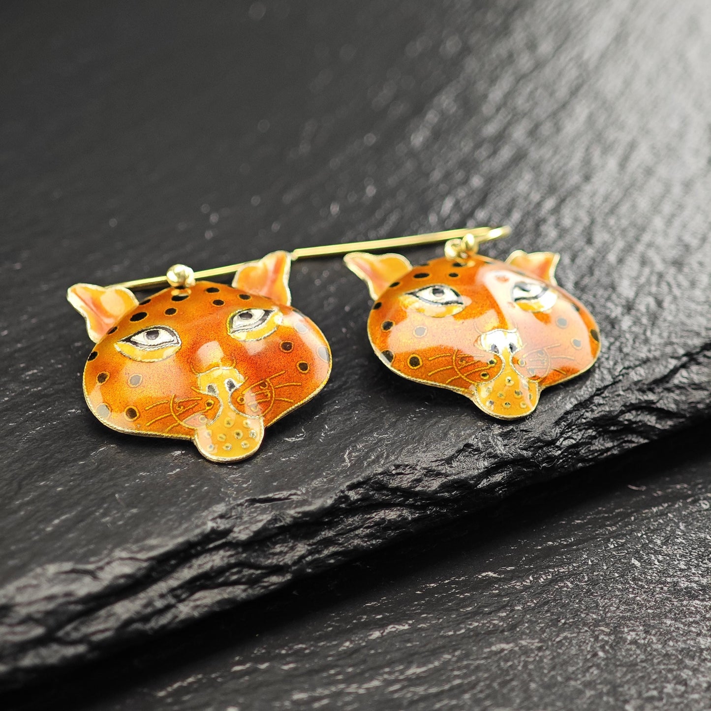 Laurel Burch Orange, Gold Gilded Enamel Cheetah Cat Fish Hook Earrings Sterling Silver