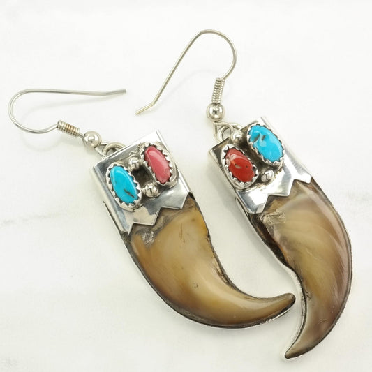 Native American Sterling Silver Turquoise, Coral Earrings Fish hook