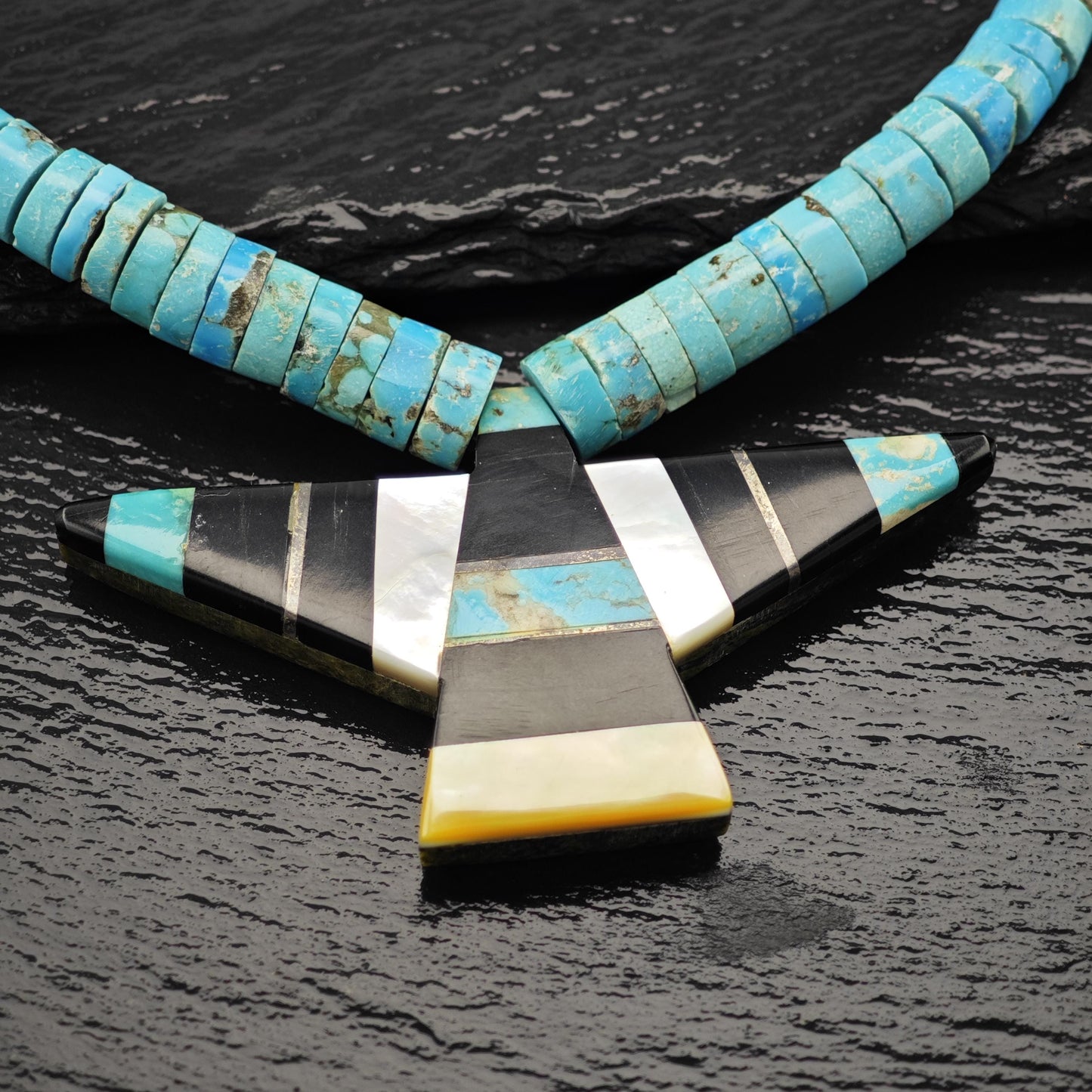 Native American Style Heishi Necklace Turquoise Onyx Graduated Beads 4.9-10.5mm N2665