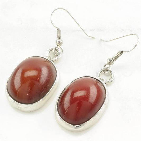 Vintage Sterling Silver Fish Hook Earrings Red Phenolic Resins "Amber"