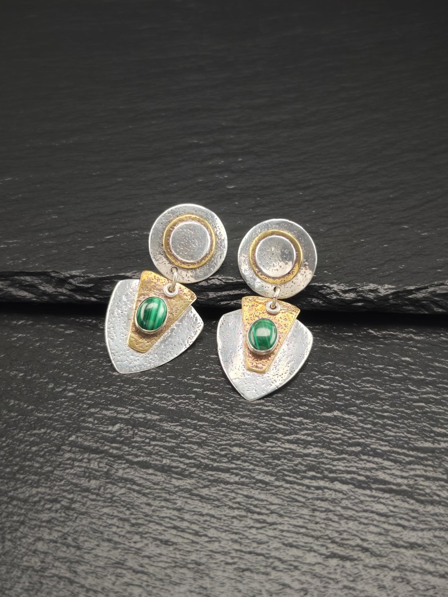 Modernist Green, Gold Malachite Brass Stud/Dangle Earrings Sterling Silver
