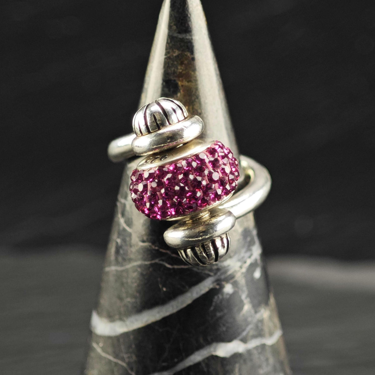 Vintage Whimsy Pink Stone Rotating Bead Sterling Silver Ring Sz 4 1/2 R6835