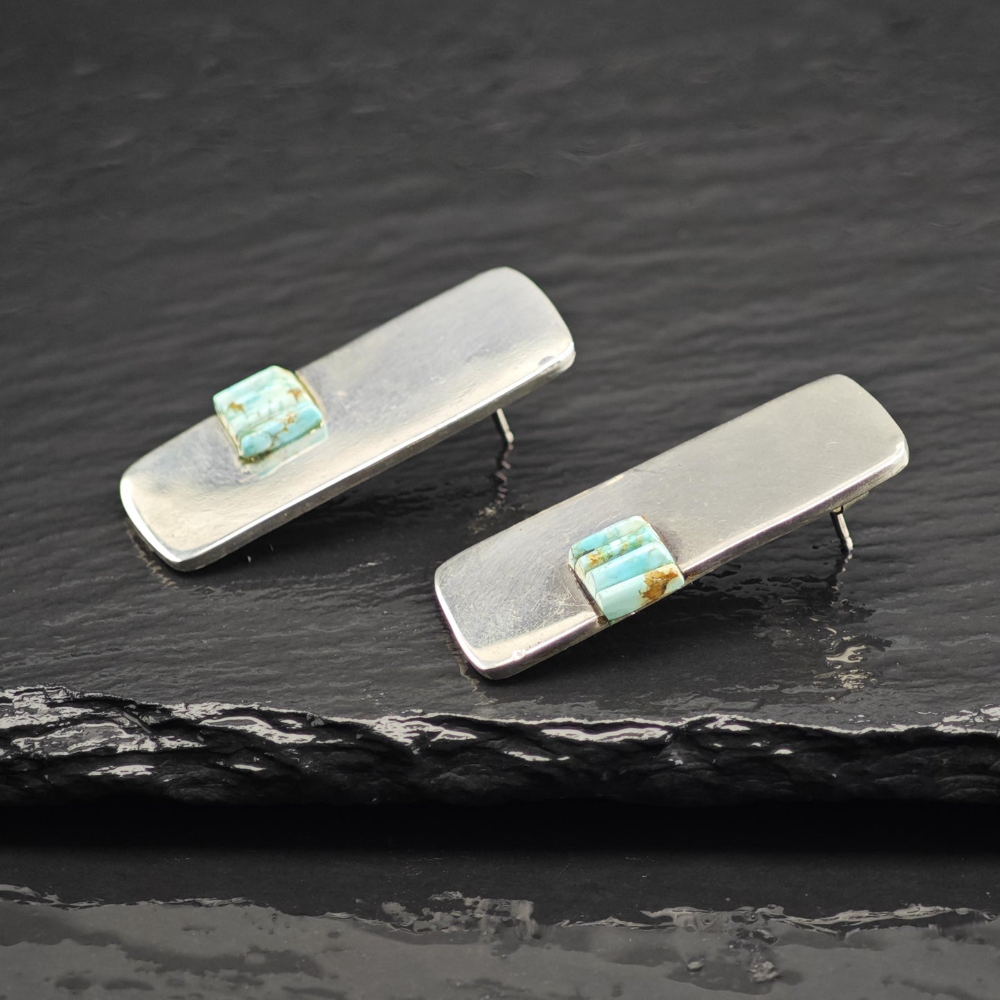 AS IS, Native American #8 Turquoise Cobble Stone Inlay Sterling Silver Stud Earrings ER3120
