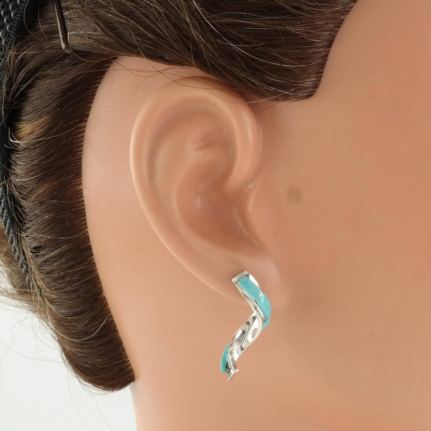 Vintage Sterling Silver Stud Earrings Blue Turquoise Inlay, Twisted