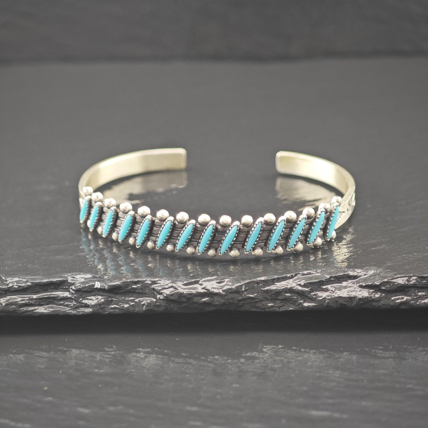 Sterling Silver Fred Harvey Era Block Turquoise Cluster Cuff Bracelet