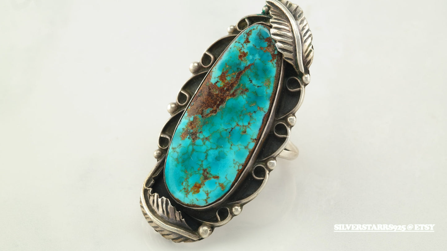 Vintage OOAK Native American Sterling Silver Ring Size 6.75 Blue Hawk, Eagle Waterweb Turquoise