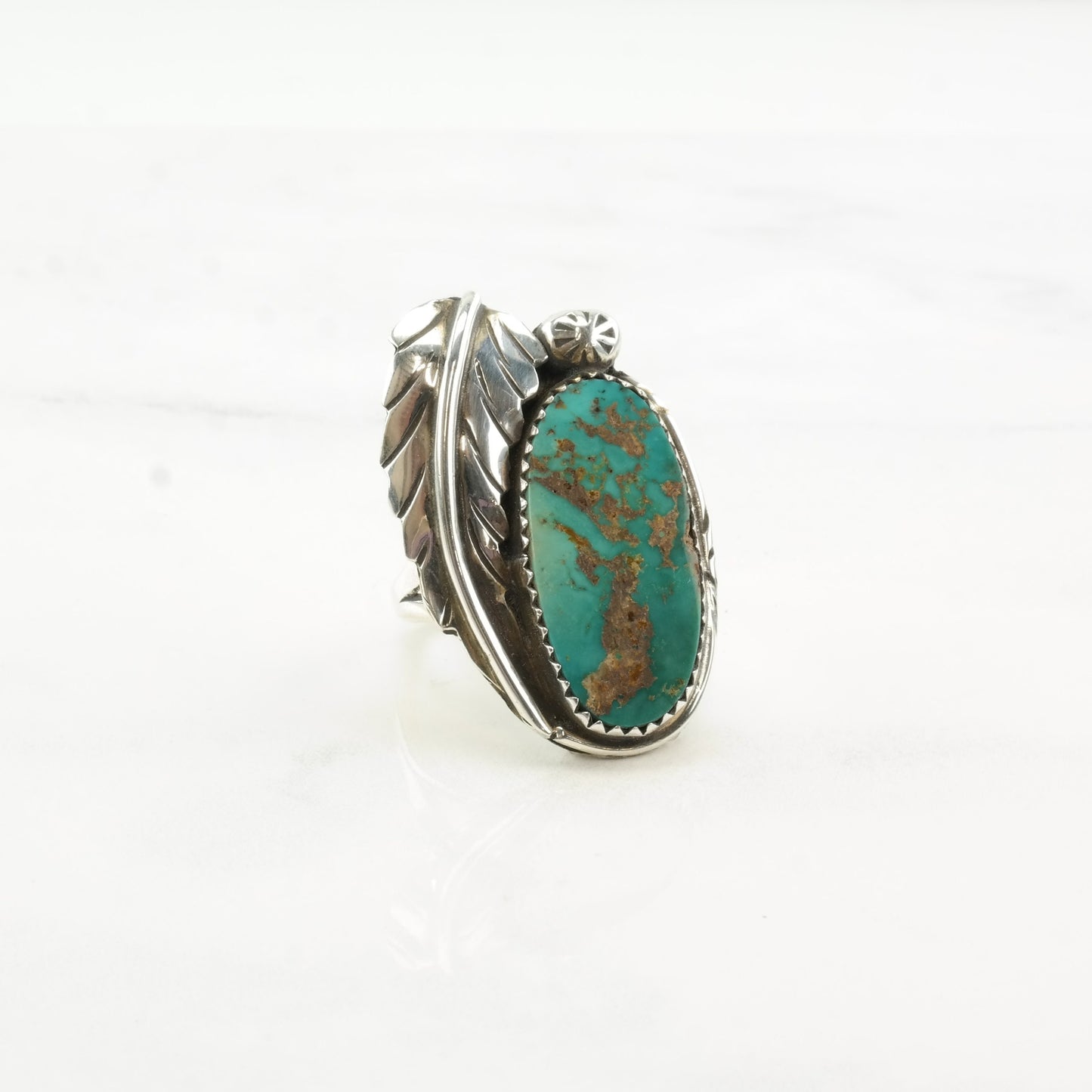 Vintage Native American Silver Ring Royston Turquoise Leaf Flower Sterling Size 7 3/4