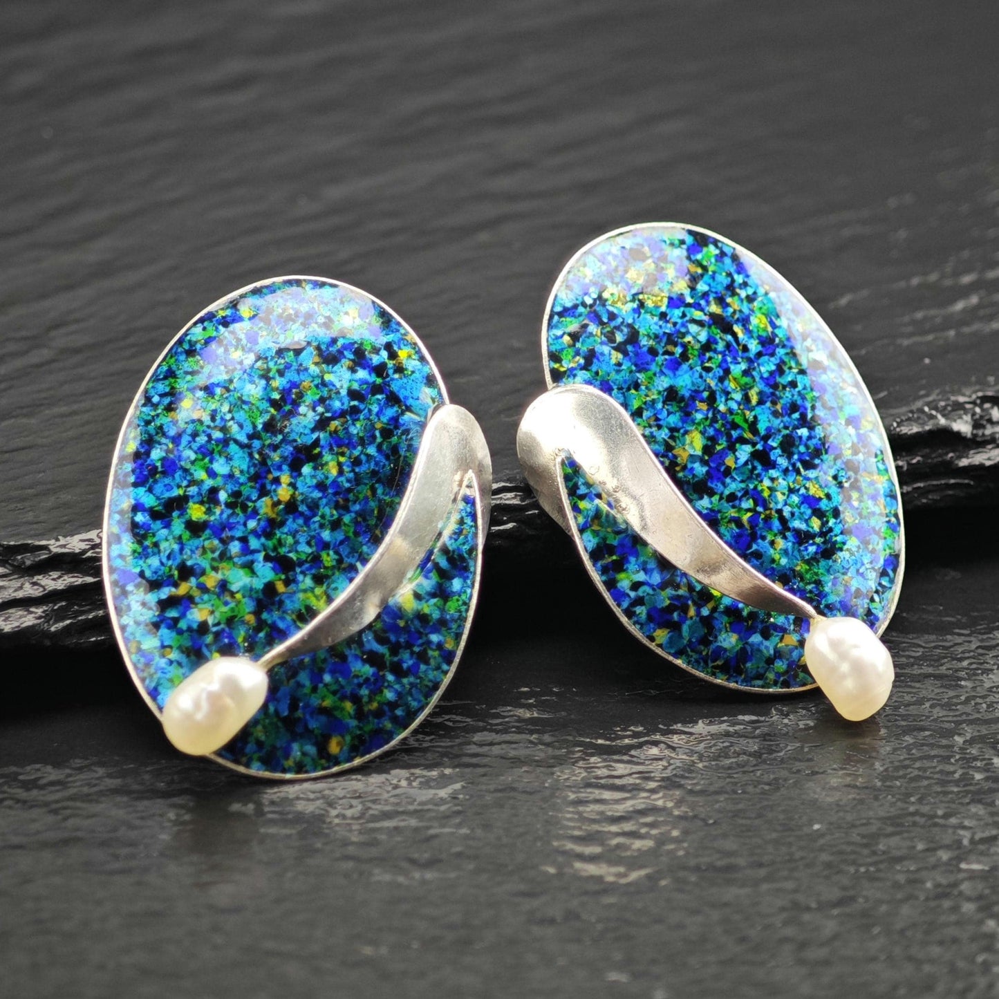 Modernist Handmade Pearl, Enamel Sterling Silver Stud Earrings ER3181